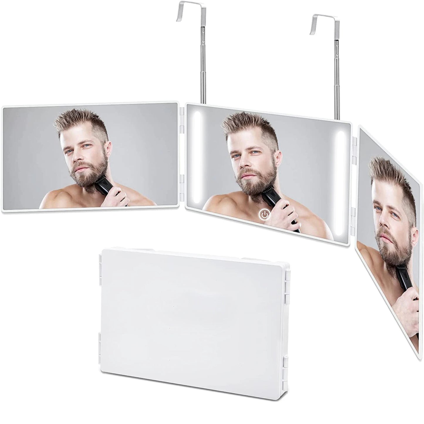 3 Way 360° Mirror For Self Hair Cutting With LED Light Trifold Self Haircut Mirror Rechargeable With Height Retractable Adjustab