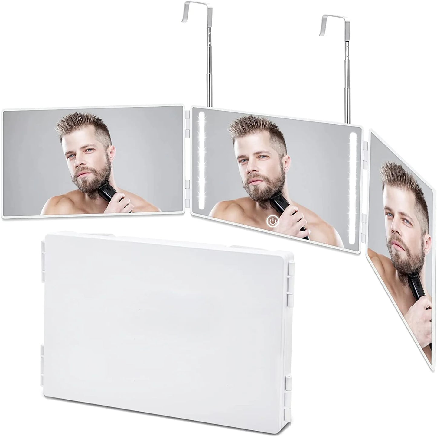 3 Way 360° Mirror For Self Hair Cutting With LED Light Trifold Self Haircut Mirror Rechargeable With Height Retractable Adjustab