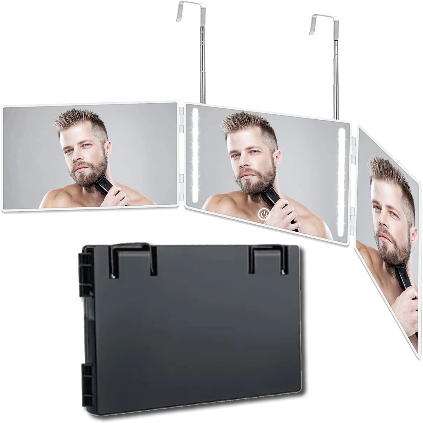 3 Way 360° Mirror For Self Hair Cutting With LED Light Trifold Self Haircut Mirror Rechargeable With Height Retractable Adjustab