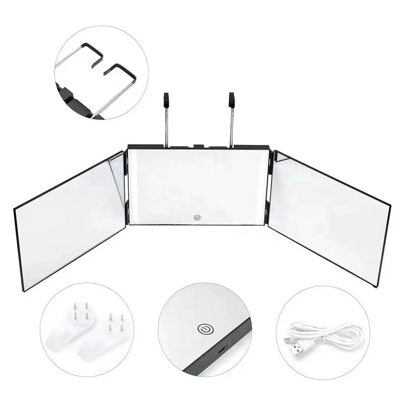 3 Way 360° Mirror For Self Hair Cutting With LED Light Trifold Self Haircut Mirror Rechargeable With Height Retractable Adjustab