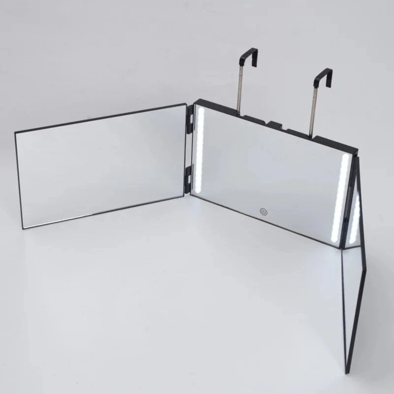 3 Way 360° Mirror For Self Hair Cutting With LED Light Trifold Self Haircut Mirror Rechargeable With Height Retractable Adjustab