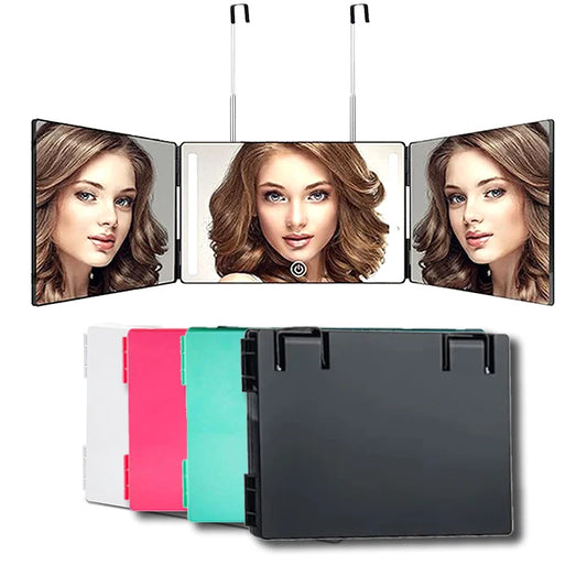 3 Way 360° Mirror For Self Hair Cutting With LED Light Trifold Self Haircut Mirror Rechargeable With Height Retractable Adjustab